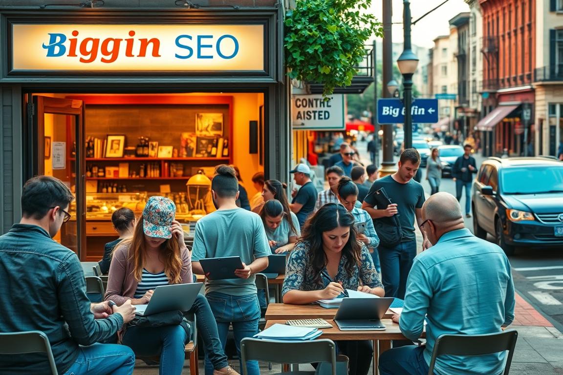 A bustling local scene, with the "Big Fin SEO" brand prominently displayed on a storefront. In the foreground, a diverse group of people engaged in content creation activities - writing on laptops, sketching ideas, and discussing strategies. The middle ground features a cozy coffee shop, its inviting atmosphere accentuated by warm lighting and the aroma of freshly brewed drinks. In the background, the vibrant streets of a thriving New Jersey town, complete with historic architecture, bustling pedestrians, and the occasional passing car. The mood is one of collaboration, creativity, and a deep connection to the local community.