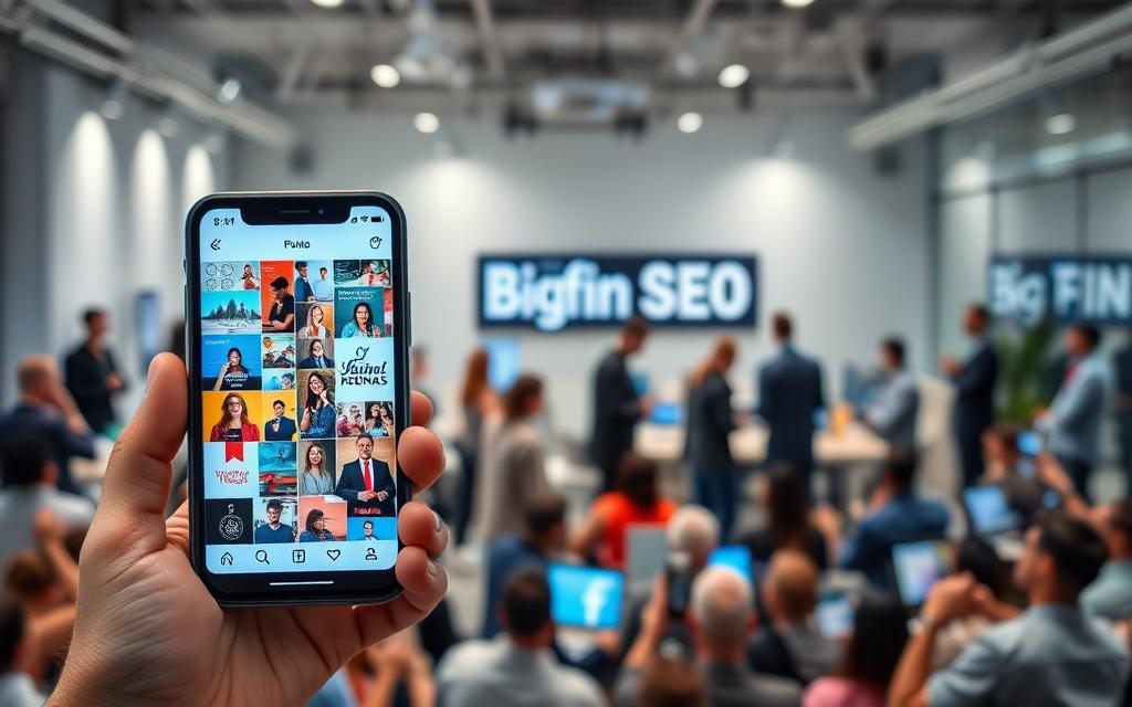 A bustling social media landscape, where the "Big Fin SEO" brand stands tall. In the foreground, a smartphone displays vibrant graphics and engaging content, captivating a diverse audience. The middle ground features a team of digital marketers collaborating, strategizing social media campaigns that resonate with the target market. In the background, a sleek, modern office setting with minimalist decor and strategic lighting, conveying a sense of efficiency and professionalism. The overall atmosphere exudes a balance of creativity, strategy, and a commitment to cost-effective, impactful social media marketing for small businesses.