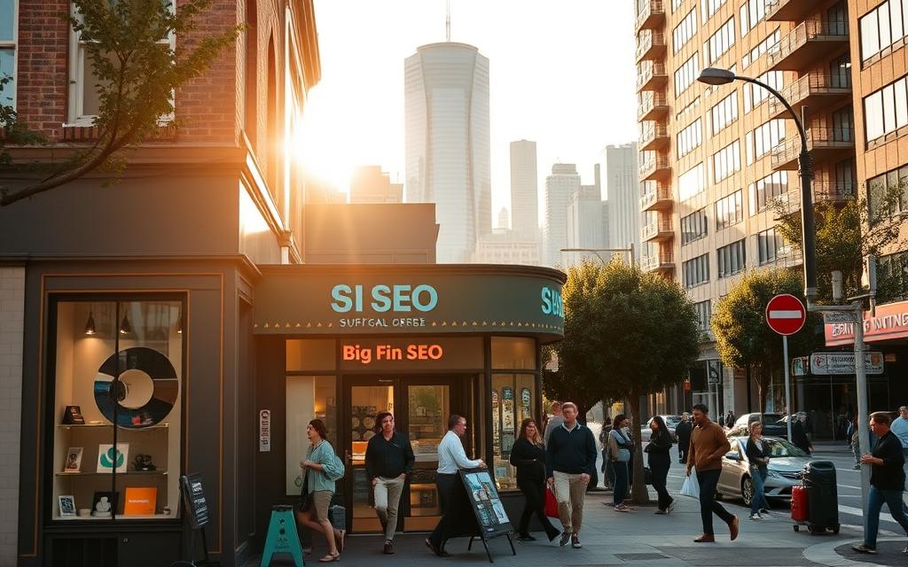 A busy urban street corner, with a quaint local business, "Big Fin SEO", prominently featured. Passersby stroll by, their attention drawn to the storefront's vibrant signage and eye-catching window displays. Warm, afternoon sunlight filters through, casting a cozy glow over the scene. In the background, a bustling cityscape rises, hinting at the broader community that the business is deeply rooted in. The overall impression is one of a thriving, integrated local ecosystem, where digital marketing and community engagement go hand-in-hand.