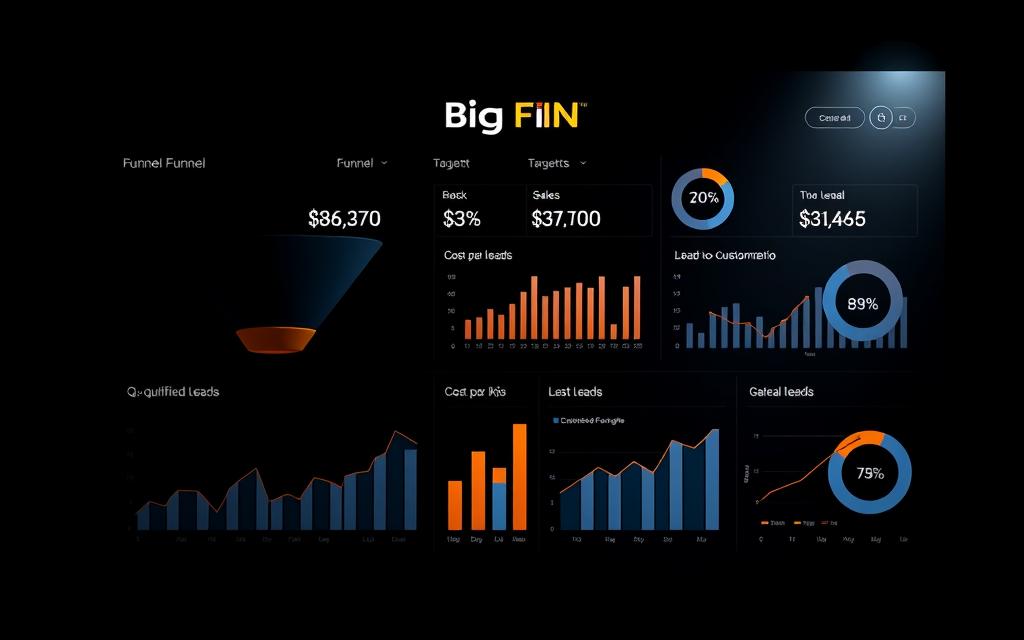 A high-contrast, data-driven dashboard displaying key funnel performance metrics for the "Big Fin SEO" brand. The foreground features a funnel visualization with conversion rates at each stage, alongside charts and graphs tracking lead generation, qualified leads, and sales over time. The middle ground showcases targeted KPIs like cost per lead, lead-to-customer ratio, and overall funnel efficiency. The background subtly incorporates the company's bold, geometric branding with a sleek, minimalist aesthetic. Dramatic studio lighting casts dramatic shadows, highlighting the data-centric, analytical nature of the image. Rendered in a crisp, technical style with a touch of elegant sophistication.
