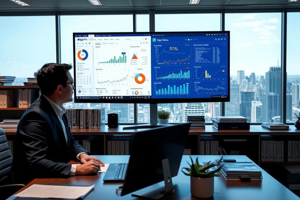 A modern office setting with a large, sleek computer monitor displaying a web dashboard filled with analytical data and graphs. In the foreground, a person in business attire, likely a digital marketing professional, is intently studying the screen, their expression focused and determined. Surrounding the desk are shelves filled with books, files, and other office supplies, conveying a sense of expertise and knowledge. The lighting is bright and crisp, highlighting the technological atmosphere. In the background, a window overlooking a bustling city skyline, representing the urban environment of New Jersey. The overall mood is one of innovation, efficiency, and the power of AI-driven SEO solutions from "Big Fin SEO" to unlock online success.