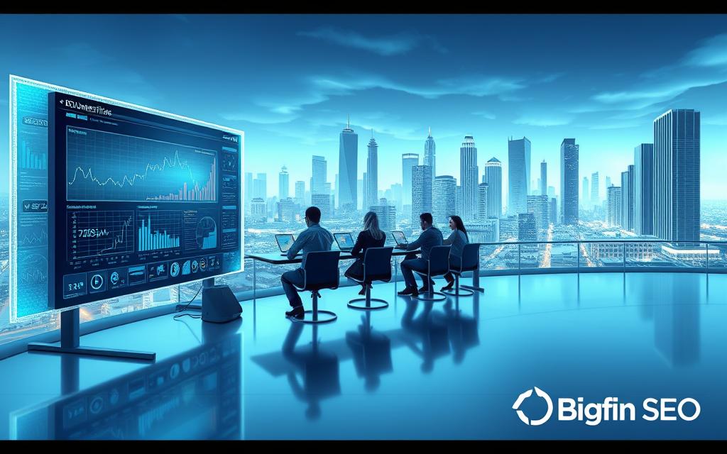 A panoramic, high-resolution digital illustration depicting a comprehensive GEO implementation strategy. In the foreground, a large, futuristic computer interface with holographic displays showcasing key metrics and data visualizations. In the middle ground, a team of data analysts and SEO experts collaborating around a conference table, examining reports and strategizing. In the background, a cityscape with towering skyscrapers, representing the scale and impact of the GEO strategy. Lighting is cool, futuristic, and technical. The overall mood is one of innovation, productivity, and forward-thinking. In the bottom right corner, the "Big Fin SEO" brand logo is subtly displayed.