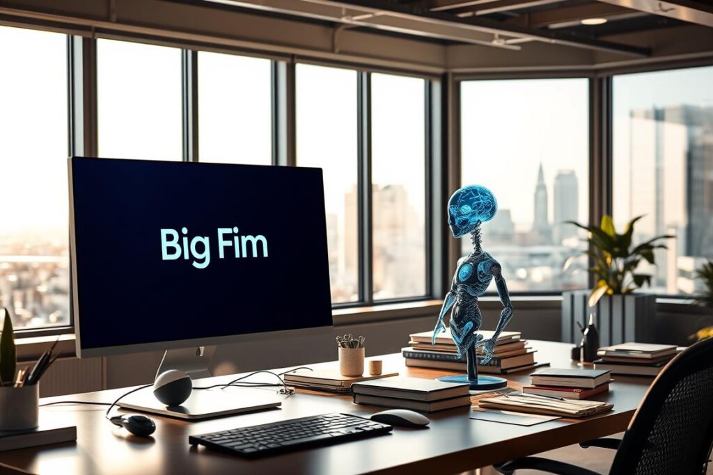 A serene office setting, bathed in soft natural light filtering through large windows. In the foreground, a computer display showcases the "Big Fin SEO" brand, its elegant logo and interface seamlessly blending digital and physical elements. On the desk, a stylized AI assistant converses with the user, its ethereal form hinting at the power of artificial intelligence to enhance the SEO workflow. In the middle ground, books, documents, and various tools of the trade create an atmosphere of focused productivity. The background depicts a cityscape, suggesting the broader context of online visibility and search engine optimization. The overall scene conveys a harmonious integration of human expertise and AI-driven capabilities, empowering the user to conquer Google with a winning SEO strategy.