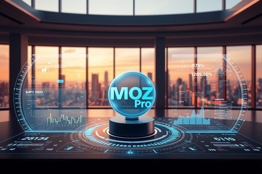 A sleek, futuristic interface showcasing the advanced AI capabilities of Big Fin SEO's Moz Pro tool. In the foreground, a holographic dashboard displays real-time data, metrics, and recommendations for boosting Google rankings. The middle ground features a 3D model of the Moz Pro logo, surrounded by swirling data visualizations and algorithms. In the background, a clean, minimalist workspace with large windows overlooking a vibrant city skyline, bathed in warm, natural lighting. The overall scene conveys a sense of power, innovation, and efficiency - the perfect visual representation of Moz Pro's AI-driven SEO solutions.
