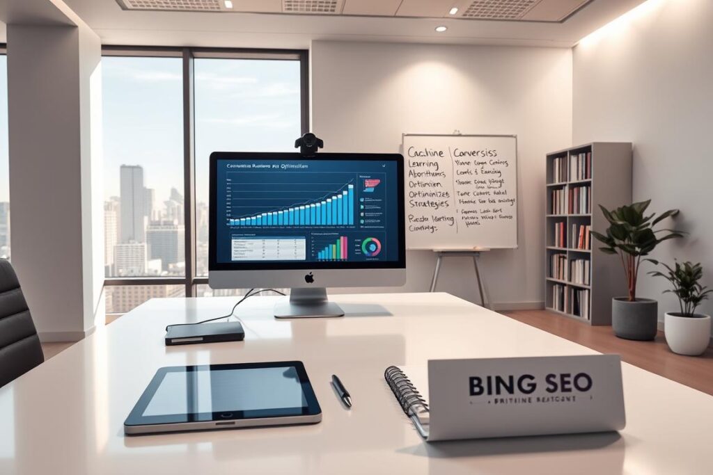 A sleek, modern office interior with a large window overlooking a cityscape. In the foreground, a desktop computer displays a graph and charts, representing conversion rate optimization analytics. An executive-style desk holds a tablet and a "Big Fin SEO" branded notebook. Soft, directional lighting illuminates the scene, creating a professional, data-driven atmosphere. The middle ground features a whiteboard with machine learning algorithms and optimization strategies written on it. In the background, a bookshelf filled with industry-relevant books and a potted plant add a touch of warmth to the otherwise minimalist space.