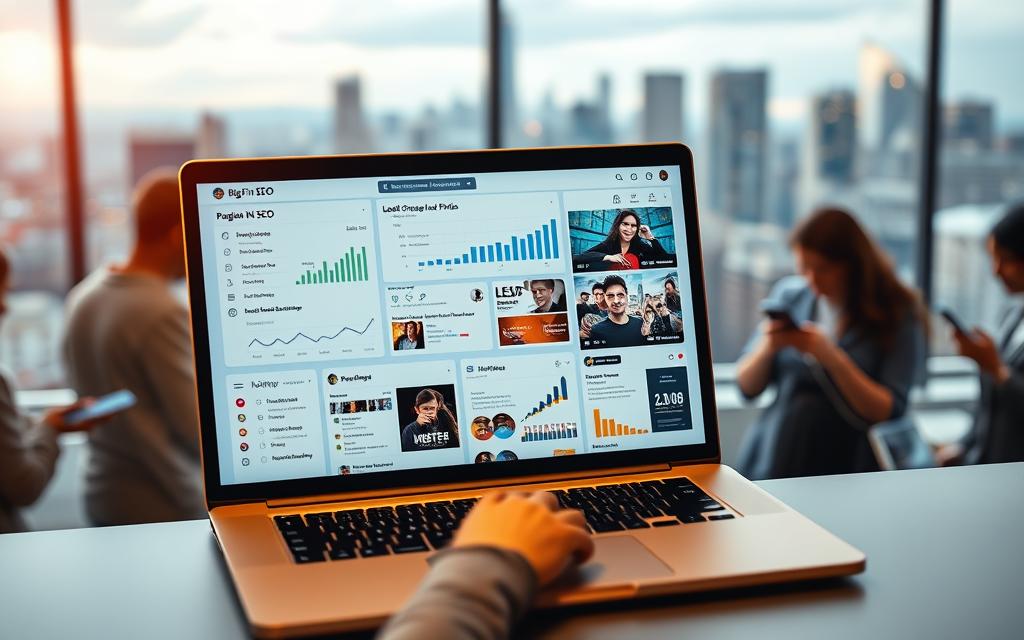 A social media platform interface filled with various lead generation tools and strategies. In the foreground, a laptop display showcases a Big Fin SEO dashboard with analytics, lead capture forms, and social media scheduling features. In the middle ground, people are engaged on smartphones, interacting with the brand's social media posts. The background depicts a blurred city skyline, conveying a sense of a thriving, connected digital landscape. The lighting is soft and warm, creating a professional and inviting atmosphere. The camera angle is slightly elevated, providing an overview of the integrated social media lead generation ecosystem.