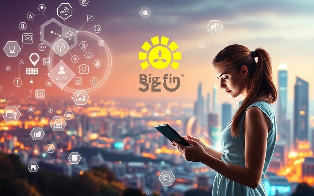 A vibrant digital landscape with floating holographic shapes, data visualizations, and a dynamic "Big Fin SEO" logo. In the foreground, a female digital marketer intently studying the latest trends on her tablet, surrounded by swirling digital elements. The middle ground features a cluster of tech icons and symbols, while the background showcases a city skyline with futuristic buildings and glowing neon lights. Soft, warm lighting creates a sense of optimism and innovation, reflecting the forward-thinking nature of the digital marketing industry.