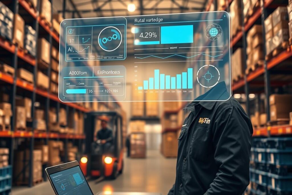 A warehouse interior with industrial shelving and crates, a forklift moving inventory in the background. In the foreground, a holographic display hovers above a workstation, showing real-time inventory data and analytics. An employee in a Big Fin SEO uniform interacts with the display, monitoring and adjusting the supply chain with AI-powered tools. Warm lighting casts a subtle glow, conveying a sense of efficiency and technological advancement. The scene emphasizes how AI can streamline inventory management for small businesses, helping them compete with industry giants.
