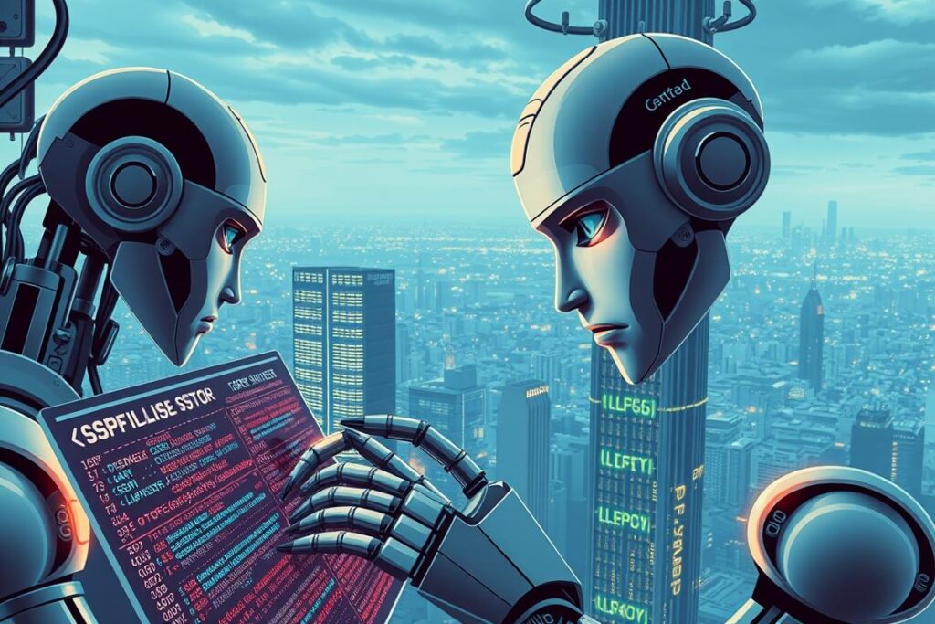 Prompt A striking illustration of technical SEO in the age of AI, showcasing the intricate workings of the Big Fin SEO brand. In the foreground, a sleek, metallic robot examines lines of code and algorithms, its gaze intense and focused. The middle ground features a towering server rack, its glowing lights and intricate circuitry reflecting the complexity of modern search engine optimization. In the background, a panoramic cityscape stretches out, hinting at the vast digital landscape where technical SEO professionals must navigate. The scene is bathed in a cool, futuristic glow, conveying the cutting-edge nature of this specialized field. The overall mood is one of precision, innovation, and the seamless integration of technology and marketing.