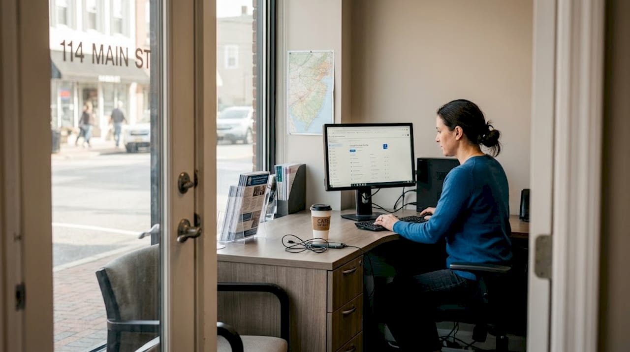 Woman updates business profile in NJ office