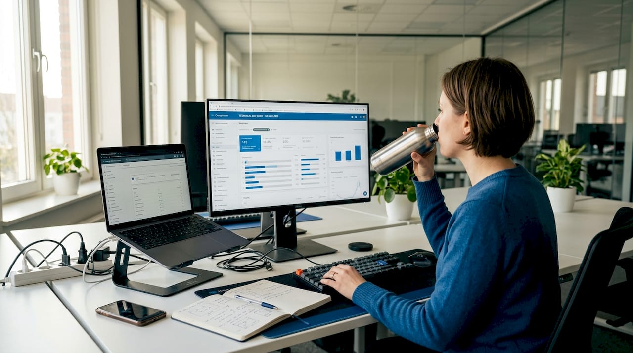 Developer reviews technical SEO audit at desk