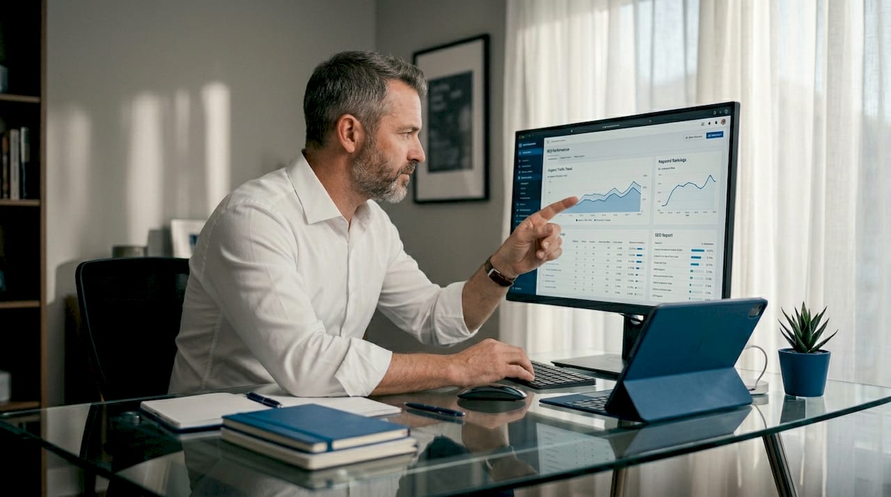 SEO consultant reviewing website analytics in home office