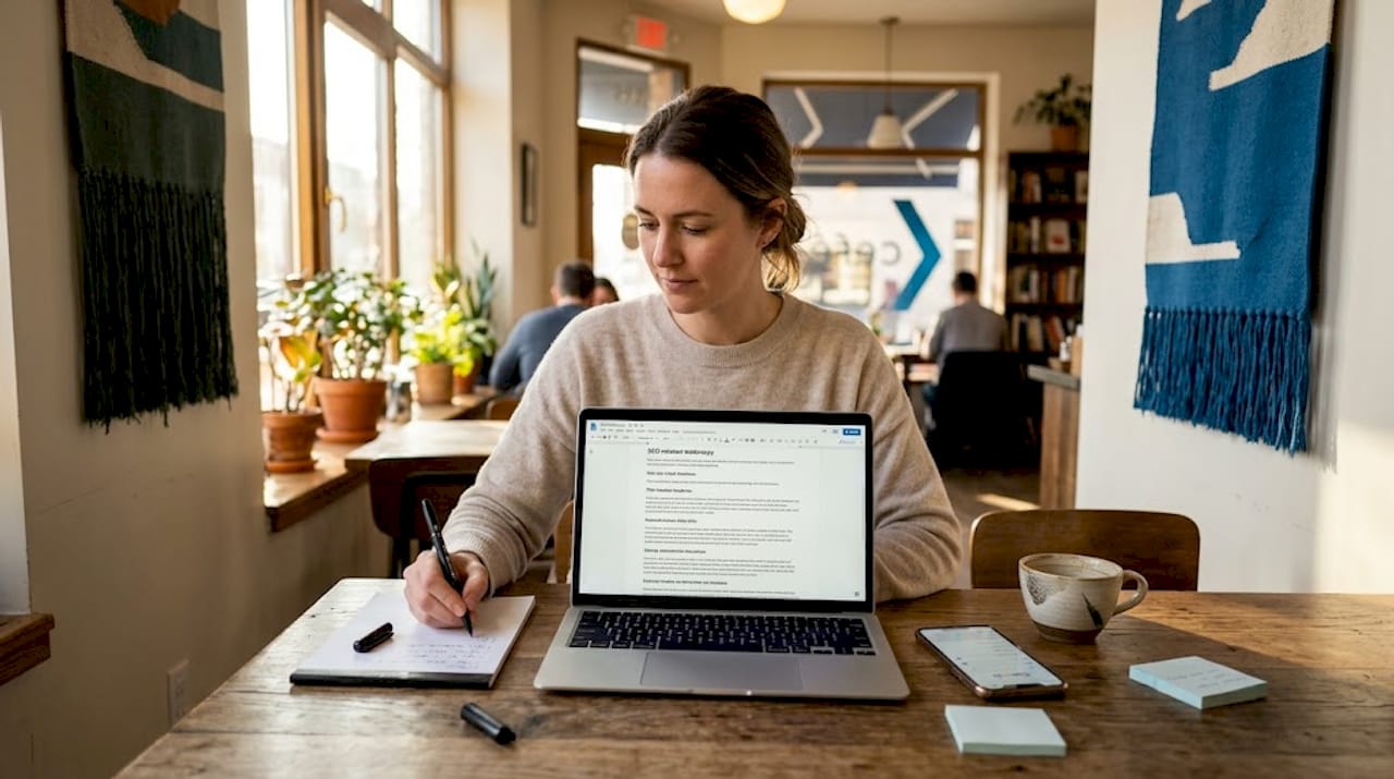 Writer creating SEO copy at apartment table