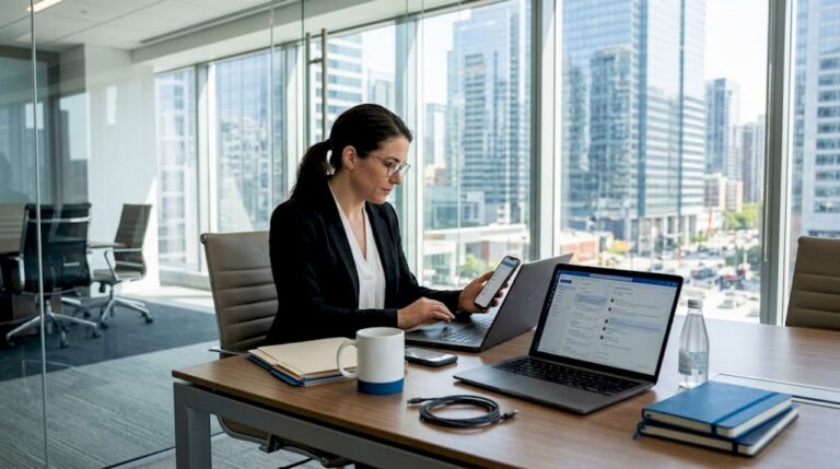 Business manager multitasking in communication workspace