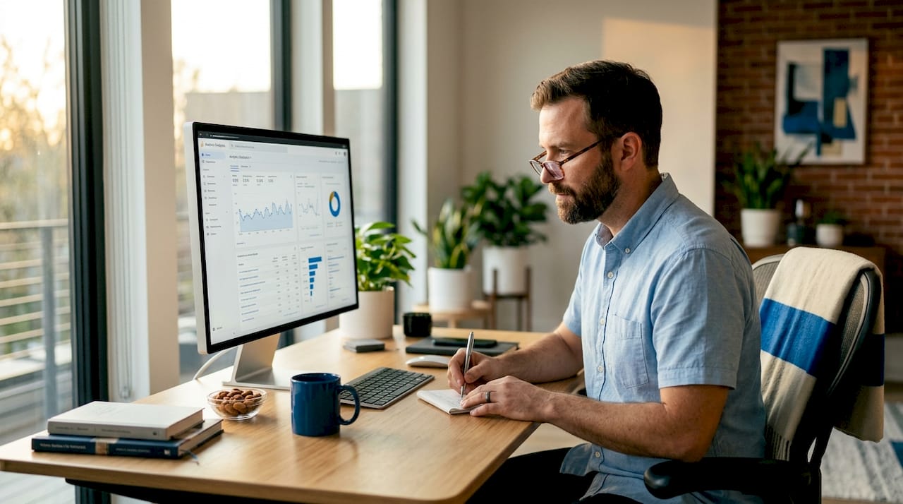SEO expert analyzing website data at home desk