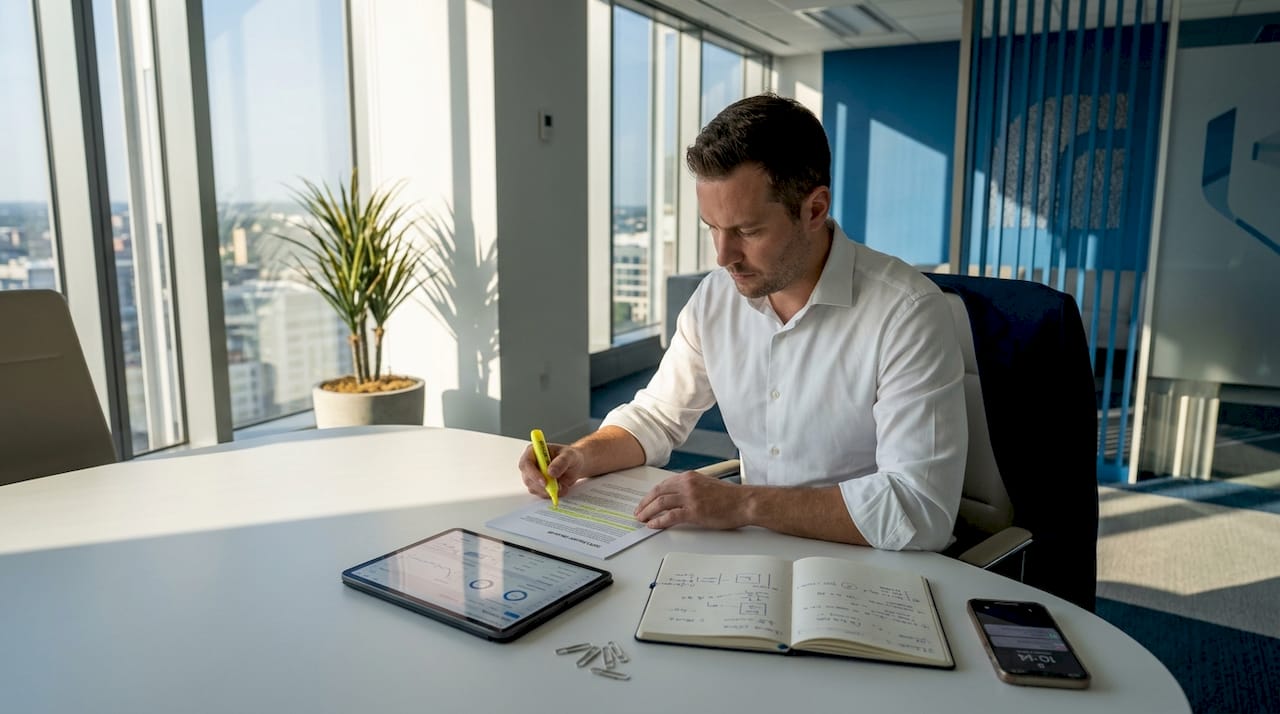 Business professional reviewing SEO audit in office