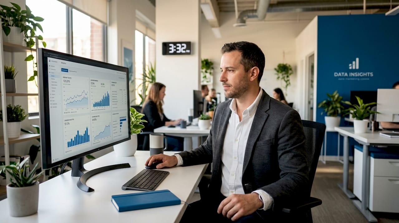 SEO consultant reviews analytics at cluttered desk