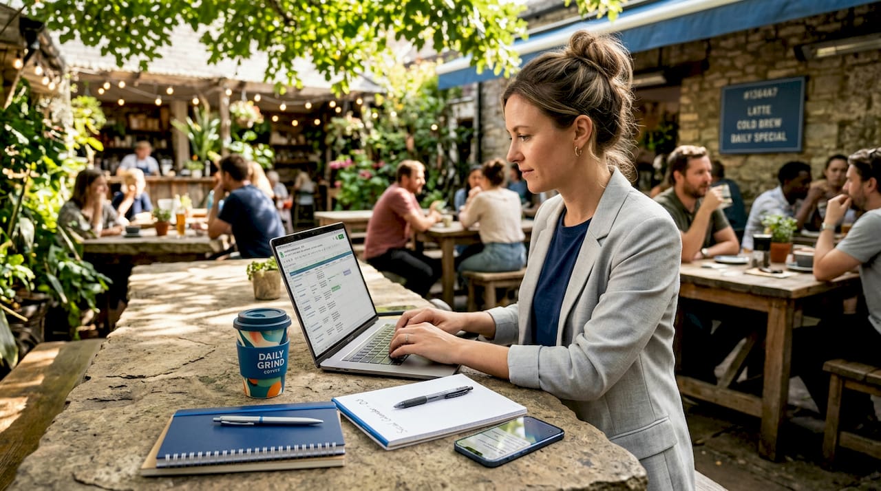 Marketer drafting SEO content at café table