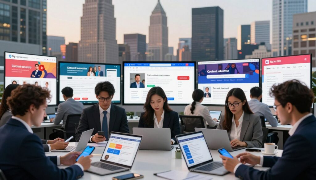 A bustling urban scene depicting the concept of "content saturation" in the context of marketing. In the foreground, a diverse group of professionals in business attire are gathered around tables filled with smartphones, laptops, and digital devices, all analyzing marketing content. The middle of the image showcases vibrant digital screens displaying social media posts, ads, and blogs cluttering the space with vibrant visuals and text, creating a sense of overwhelming information. In the background, a skyline of iconic U.S. buildings looms, bathed in warm evening light, symbolizing the competitive market. The mood is dynamic yet slightly chaotic, highlighting the struggles of navigating through excess content. Capture this scene with a shallow depth of field, focusing on the professionals while slightly blurring the background. The brand name "Big Fin SEO" is subtly integrated into the scene as a logo on one of the digital screens.