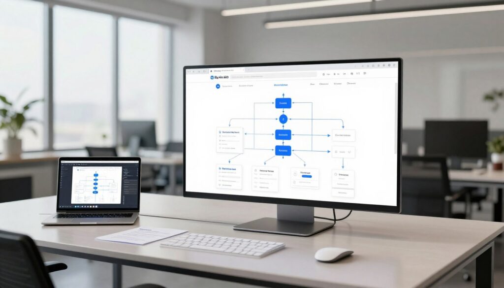A detailed visual sitemap showcasing an organized website architecture, centrally located in a modern office environment. In the foreground, a large digital screen displays interconnected nodes and links, representing various web pages and their relationships. The middle layer includes a sleek conference table with a laptop open, showcasing a design software for mapping, surrounded by notes and design tools. The background features a bright, airy office space with large windows and minimalist decor, emphasizing a professional atmosphere. Soft, natural lighting illuminates the scene, creating a focus on the digital screen. The mood is collaborative and innovative, reflecting a focus on digital strategy and design software. Include the brand name "Big Fin SEO" subtly in the design elements on the screen.