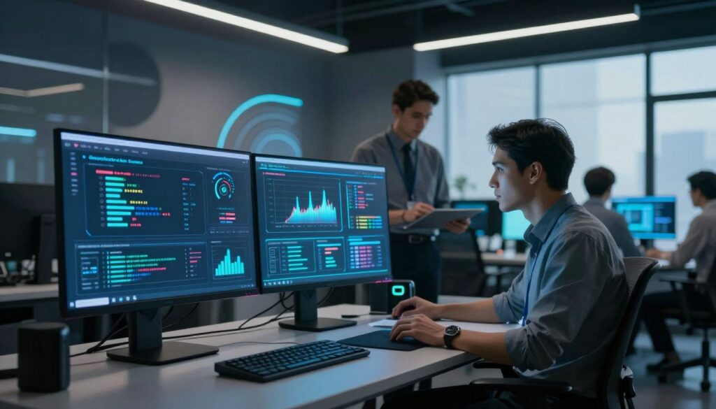 A futuristic workspace showcasing the technical foundations for Generative Engine Optimization. In the foreground, a vibrant computer screen displays intricate algorithms and data visualizations, casting a soft glow. A sleek workstation, complete with modern tech gadgets, is visible. In the middle, a professional figure in business attire analyzes metrics, surrounded by holographic graphs and digital interfaces representing optimization strategies. The background features a high-tech office environment with abstract wall designs, dim ambient lighting, and large windows illuminating the scene with natural light, conveying a sense of innovation and professionalism. The atmosphere is focused and dynamic, perfect for the theme of optimization. Incorporate subtle branding elements for "Big Fin SEO" subtly in the workspace, ensuring they are integrated into the design, not overtly visible.
