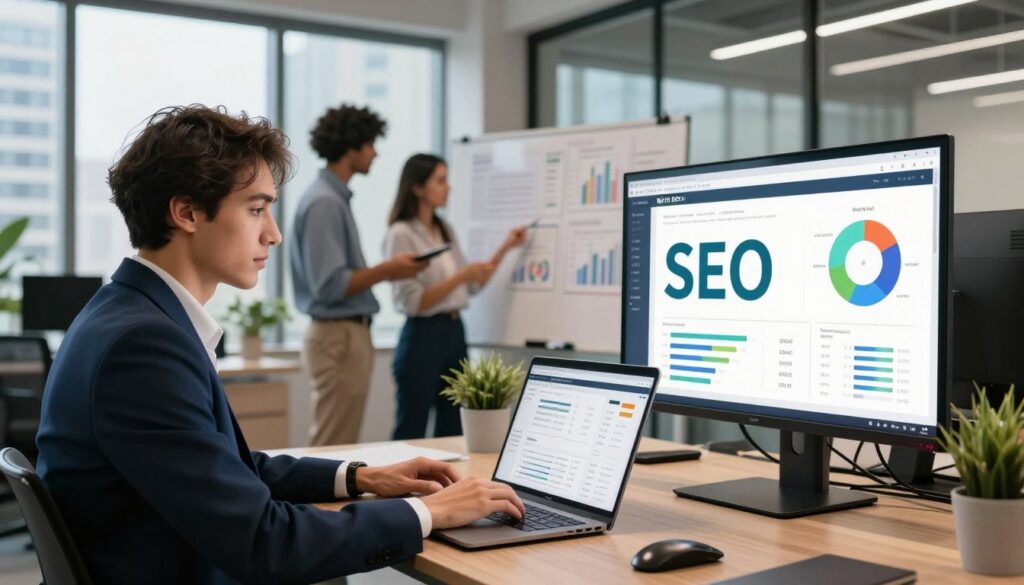 A modern office setting with a focus on digital presence. In the foreground, a confident professional wearing a smart business suit works on a sleek laptop, with a large digital screen displaying SEO analytics in vibrant colors. In the middle ground, a diverse team of professionals collaborates around a digital whiteboard filled with strategies and charts, exuding teamwork and creativity. The background features a stylish, well-lit office with potted plants and glass windows showing a cityscape, suggesting a thriving business environment. Soft, natural lighting creates an inviting atmosphere, while the lens captures the scene with a slight depth of field to emphasize the team’s engagement. Include elements symbolizing Big Fin SEO, like logo motifs or styled documentation in the workspace, conveying expertise in digital marketing.