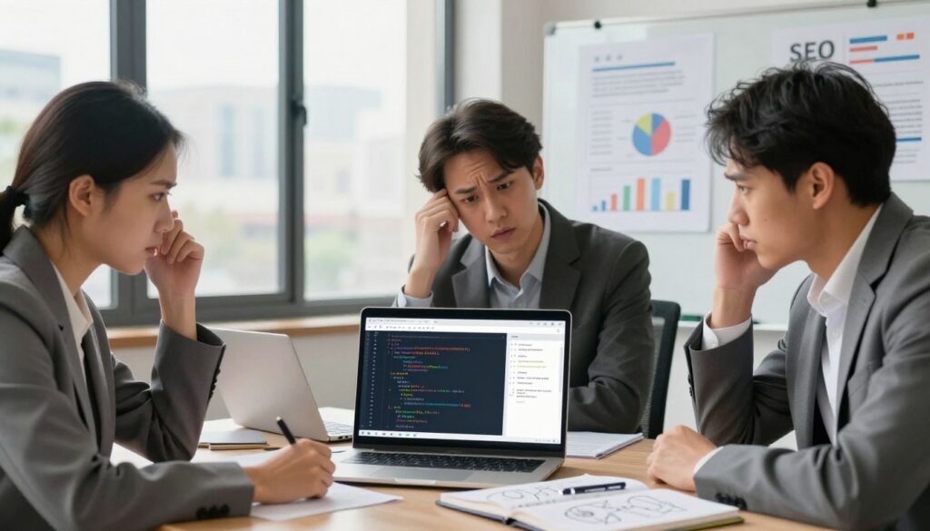 A professional business setting illustrating common mistakes in managing meta tags. In the foreground, a diverse group of three business professionals, dressed in smart casual attire, are gathered around a laptop displaying website code, looking perplexed. Their expressions convey confusion as they analyze misplaced or missing meta tags, symbolizing common pitfalls. In the middle, an open notebook with annotations and drawings related to meta tag elements (like title, description, and keywords) lies on the table. The background features a whiteboard filled with charts reflecting website rankings and SEO tips. Soft, diffused lighting from large windows creates an inviting atmosphere, while a subtly blurred cityscape is visible outside, adding context. The brand name "Big Fin SEO" subtly integrated into the decor.
