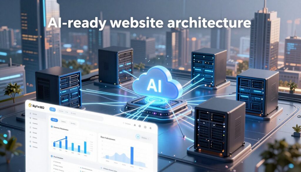 A sleek and modern depiction of "AI-ready website architecture" prominently featuring interconnected digital components, algorithms, and cloud elements, symbolizing the infrastructure for enhanced AI interaction. In the foreground, visualize a clean, user-friendly web interface with intuitive navigation and data visualization graphs. The middle ground should showcase a network of powerful servers and data storage, all interconnected by shimmering, glowing lines representing data flow and AI optimization strategies. The background can feature a futuristic cityscape with skyscrapers reflecting technological advancements. Use bright, illuminating lighting to evoke a sense of innovation and progress. Capture the mood of sophistication and readiness for future technologies. Include the brand name "Big Fin SEO" subtly integrated into the design without text overlays.