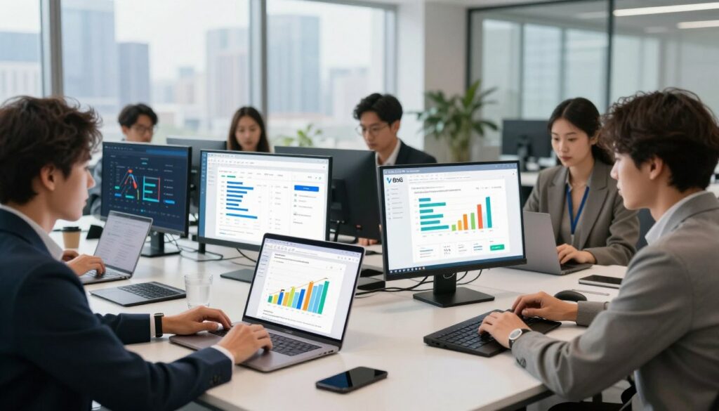 A sleek, modern office environment featuring a diverse group of professionals gathered around a large table, analyzing website data on laptops and digital displays. In the foreground, a person in business attire points at a colorful graph illustrating page load times and bounce rates, symbolizing optimization. In the middle, interactive screens showcase various SEO tools and analytics, with vivid visuals representing increased user engagement. The background features large windows with a city skyline, allowing natural light to enhance the atmosphere, conveying a sense of collaboration and innovation. The mood is focused and productive, highlighting the importance of enhancing user experience to signal quality. The logo "Big Fin SEO" subtly appears on the digital displays.