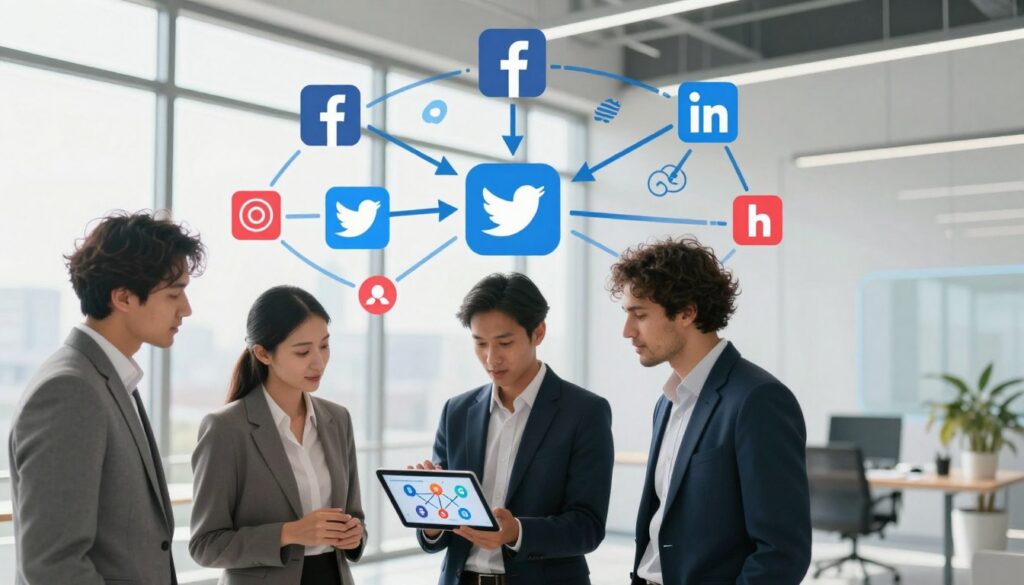 A visually engaging illustration that showcases link building techniques through social media integration. In the foreground, portray a diverse group of three professionals in smart business attire collaborating around a digital tablet displaying social media icons and links. In the middle, illustrate a vibrant network of interconnected social media platforms like Facebook, Twitter, and LinkedIn, with arrows indicating the flow of information and backlinks. The background should feature a futuristic office environment with large windows letting in bright, natural light, creating an inviting atmosphere. Use a slightly elevated angle for a dynamic perspective, emphasizing teamwork and innovation. Include subtle branding elements of "Big Fin SEO" in the scene, ensuring it blends seamlessly into the overall design, without any text or overlays.