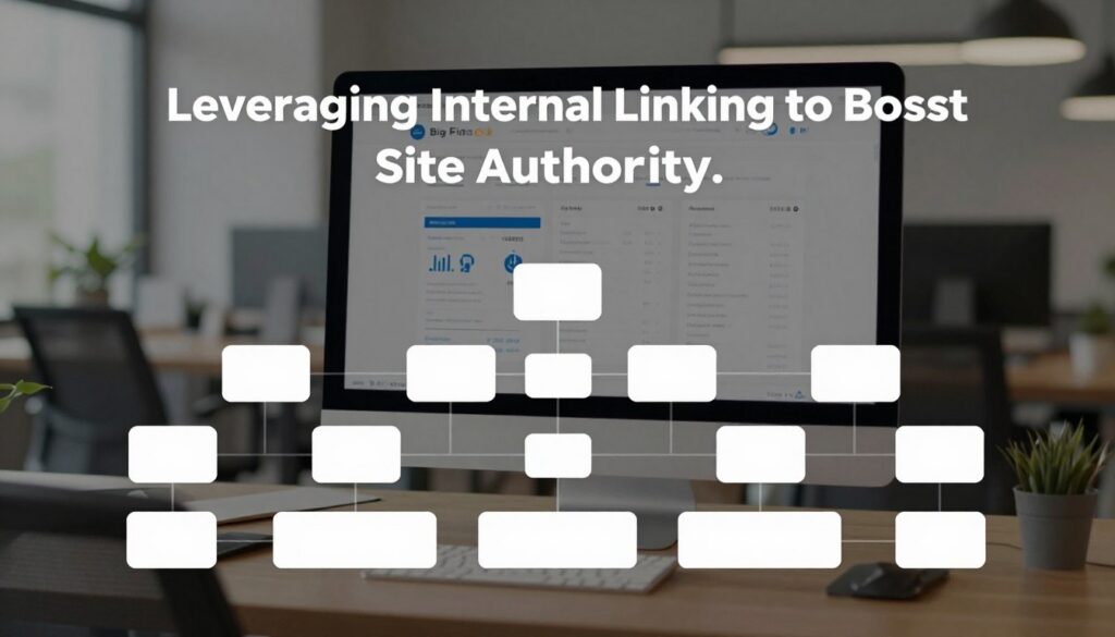 A visually organized and informative illustration showcasing internal linking and site architecture, designed for a professional audience. In the foreground, a stylized diagram includes interconnected web pages represented as nodes, with lines indicating links between them. The middle ground features a computer screen displaying a website analytics dashboard, with data points symbolizing site authority metrics. The background should be a modern office environment, suggesting a digital workspace, with soft lighting casting a professional atmosphere. Capture the essence of collaboration and expertise, reflecting the theme of "Leveraging Internal Linking to Boost Site Authority." Include the brand name "Big Fin SEO" subtly integrated into the design, ensuring a clean and focused composition without any text overlays or distractions.