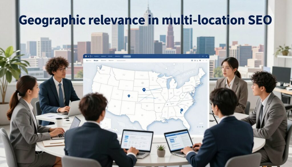 A visually striking illustration showcasing the concept of "Geographic relevance in multi-location SEO" for a section on scaling local presence in various US markets. In the foreground, a group of diverse professionals in business attire engage in a lively discussion around a large digital map displaying interconnected locations across the US, with markers highlighting different cities. The middle ground features modern office elements, such as laptops and tablets showing SEO analytics. In the background, a vibrant city skyline represents multiple urban environments. Soft, natural lighting creates a professional yet inviting atmosphere, enhancing clarity. The scene should evoke a sense of collaboration and strategic growth, with a focus on the brand "Big Fin SEO" subtly integrated into the design.