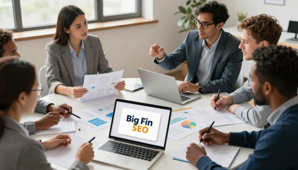 A warm and inviting workspace scene featuring a diverse group of four professionals, men and women of various ethnicities, engaged in a brainstorming session around a round table. They are dressed in professional business attire, energetically discussing ideas with paper, laptops, and digital devices scattered about. In the foreground, a laptop screen prominently displays the "Big Fin SEO" logo, symbolizing a focus on human-centric content. The middle layer shows charts and notes detailing user engagement strategies, while the background features a window with soft natural light pouring in, creating a bright and uplifting atmosphere. The mood is collaborative and innovative, emphasizing the importance of human insight in content creation. Use a slightly elevated angle to capture the dynamics of the group and the details of the workspace.