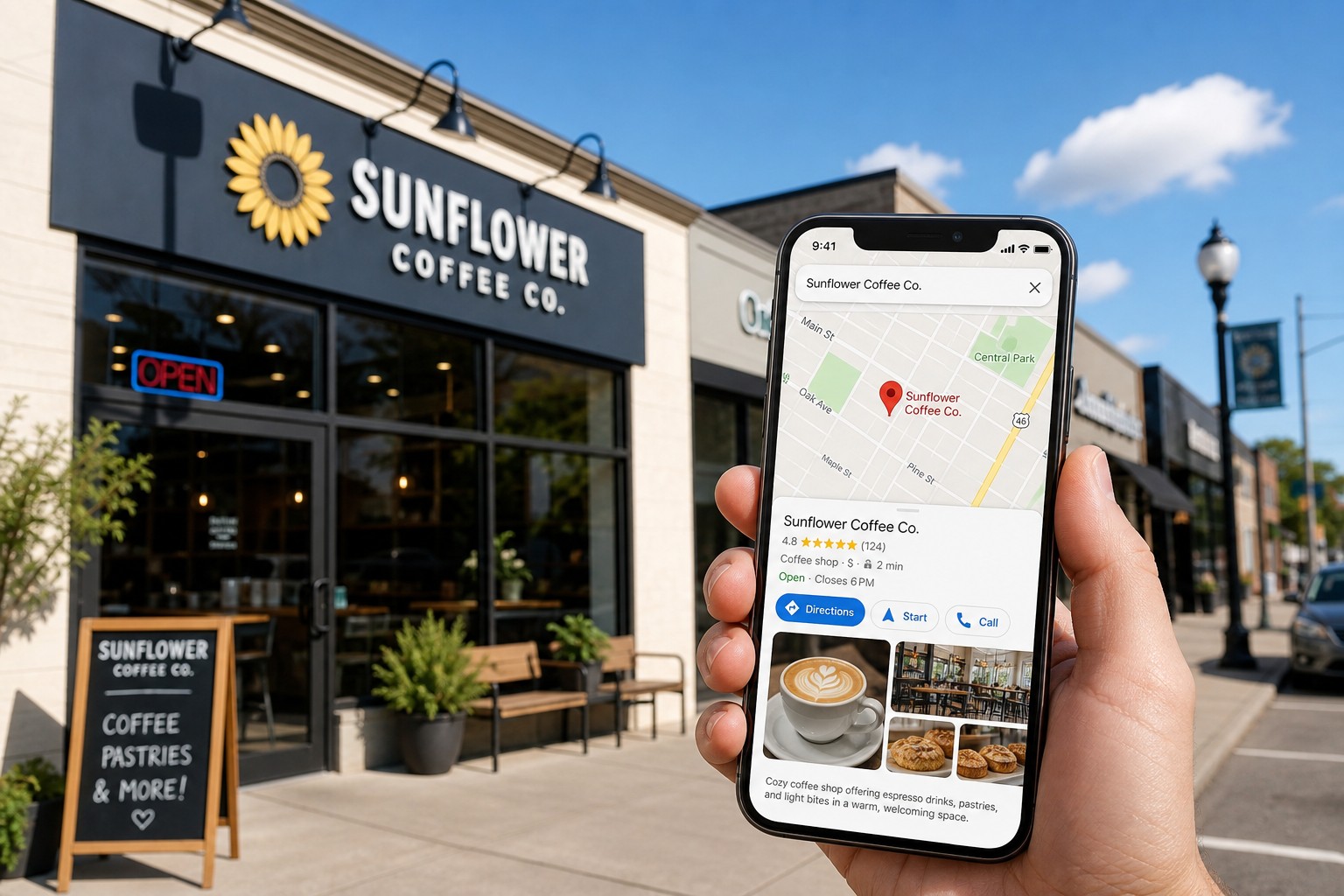 Smartphone showing Google Business Profile listing in front of a local business storefront