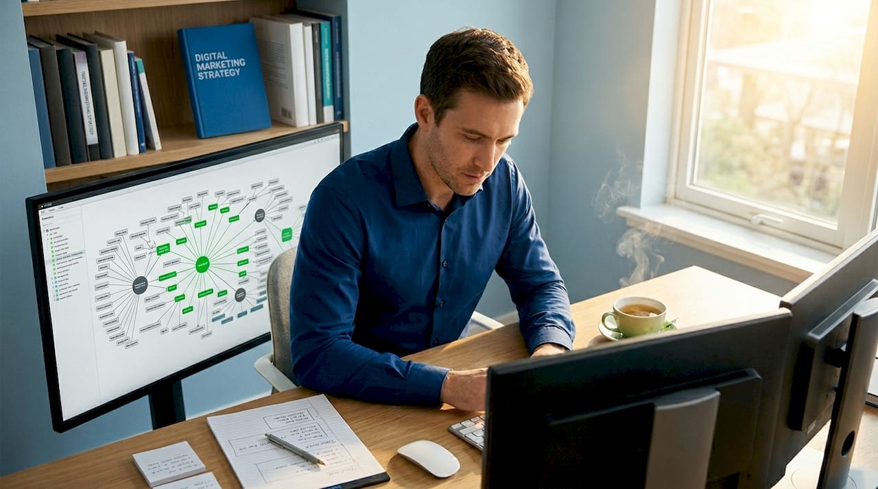 Digital marketer working on entity SEO at home desk