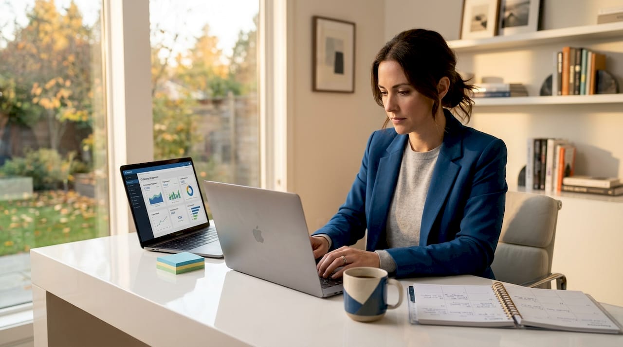 Marketing professional working on digital plan at desk