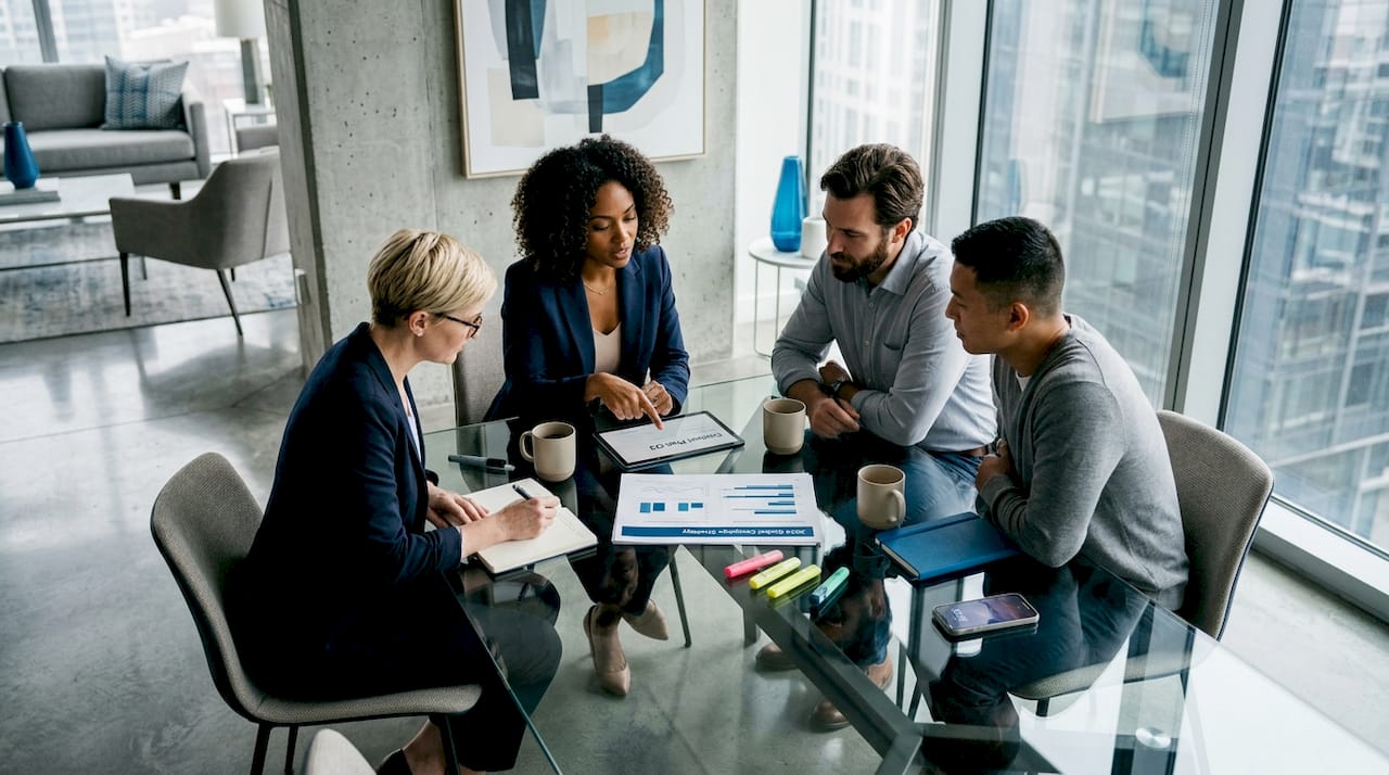 Marketing team discussing strategy in office