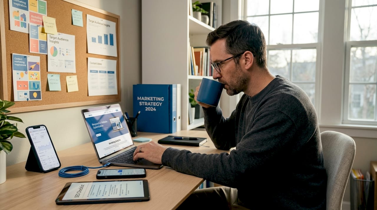 Marketer optimizing mobile SEO at home desk