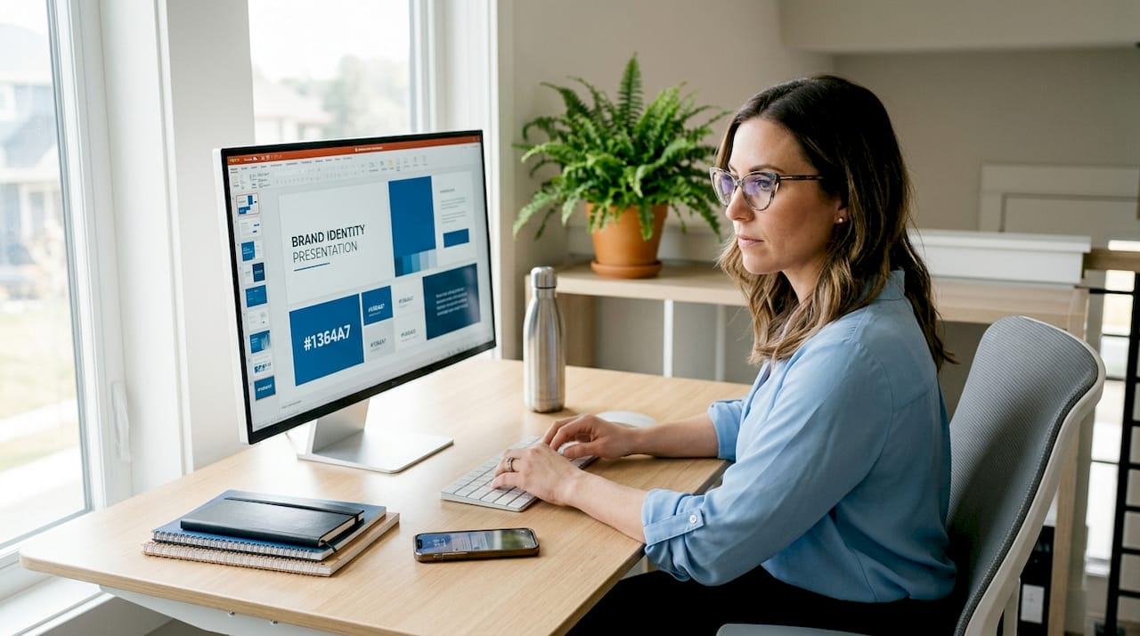 Business owner reviewing digital branding presentation