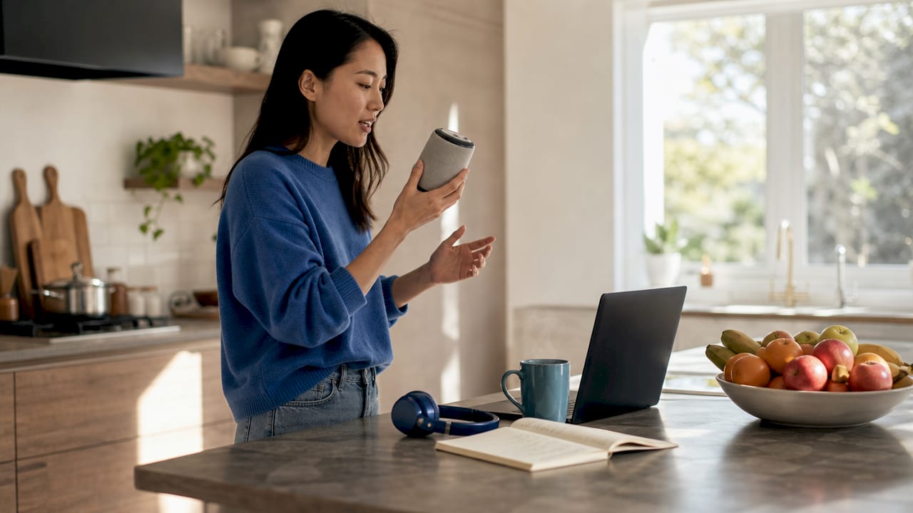 Woman using smart speaker for voice search optimization