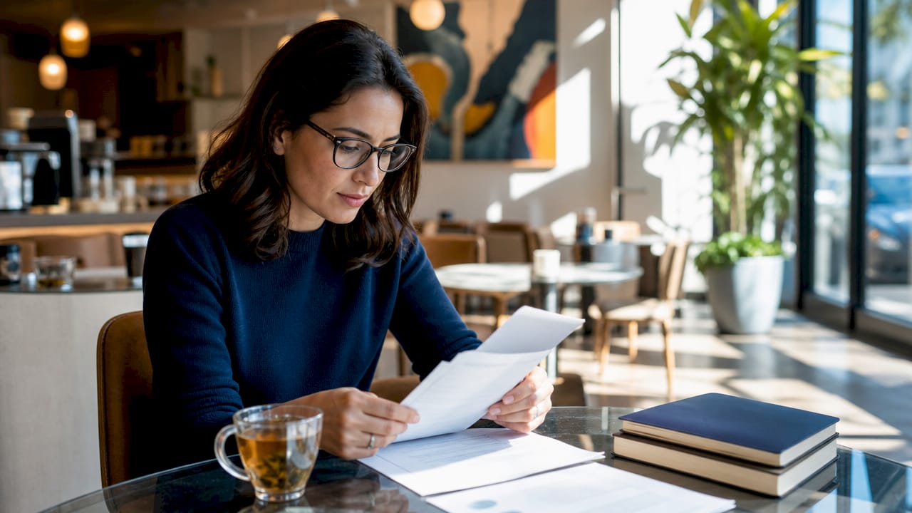 Business owner reading printed testimonial statements
