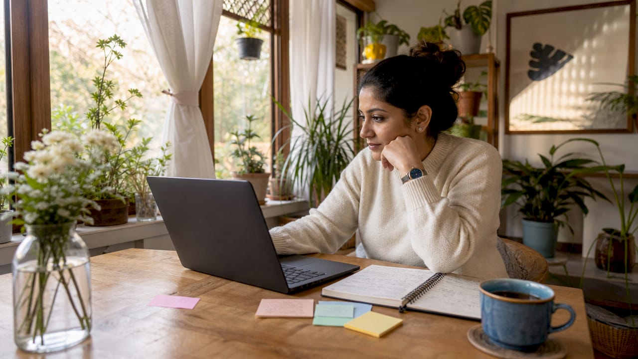 Woman reviewing digital branding strategy at desk
