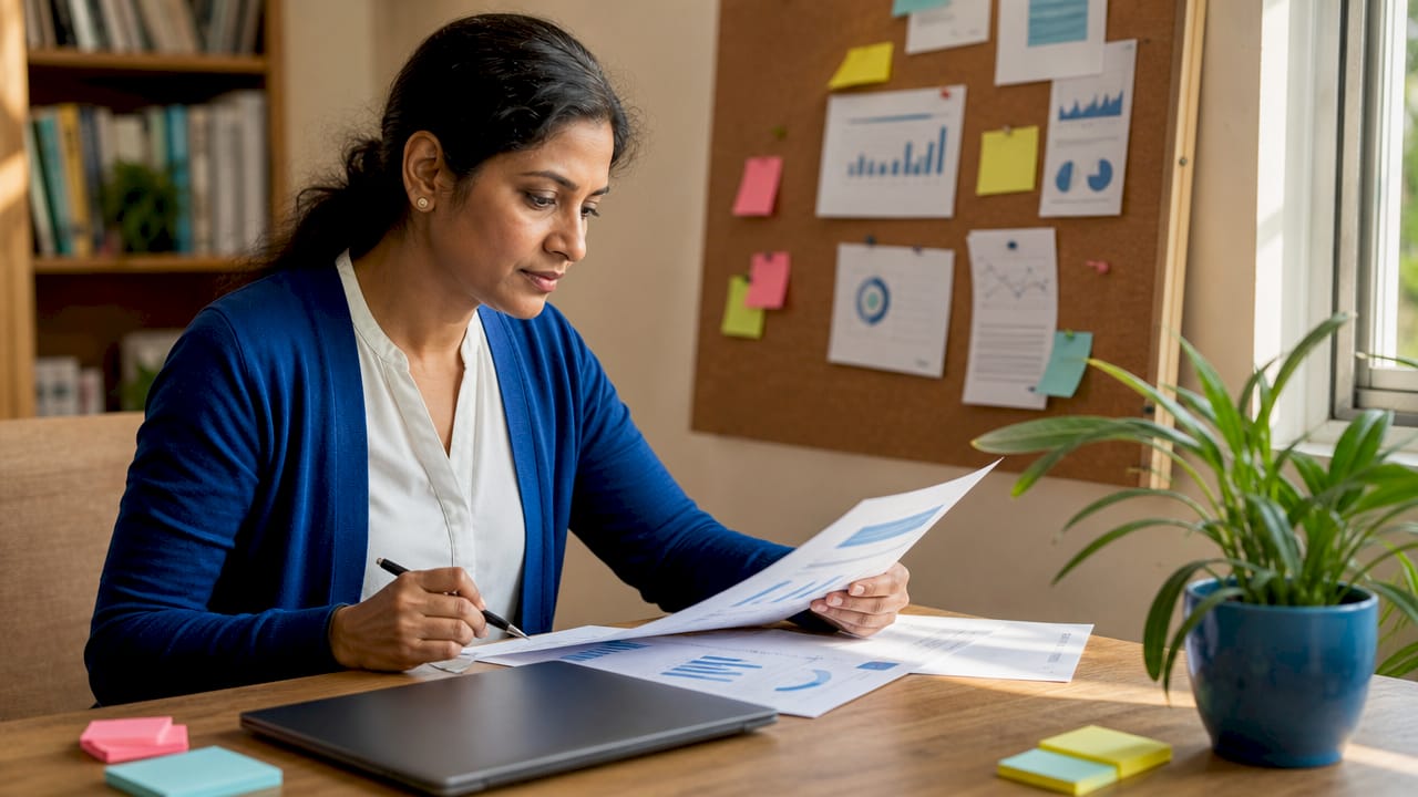 Business owner reviewing SEO reports at desk