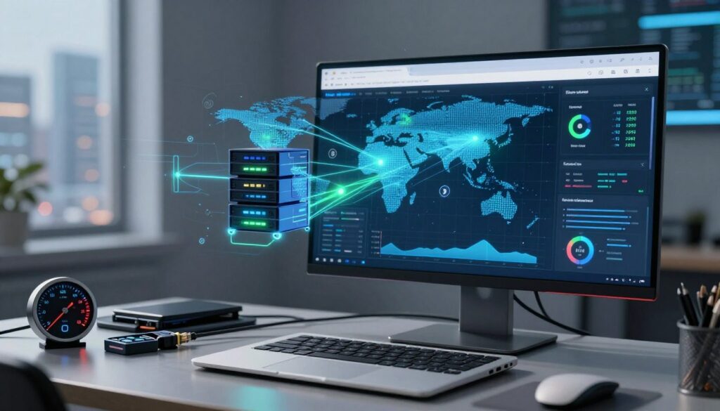A futuristic digital workspace, featuring a sleek computer monitor displaying browser caching graphs and site speed optimization metrics. In the foreground, a stylish laptop surrounded by technical tools like a speedometer and network cables. The middle ground shows an abstract representation of a content delivery network, illustrated as interconnected servers across a globe, glowing with blue and green lights. The background features a blurred cityscape, symbolizing rapid technological advancement. The atmosphere is dynamic and innovation-driven, with a cool color palette emphasizing efficiency and speed. The lighting is bright and focused, enhancing the technical feel. Include the logo of "Big Fin SEO" subtly integrated into the digital interface.