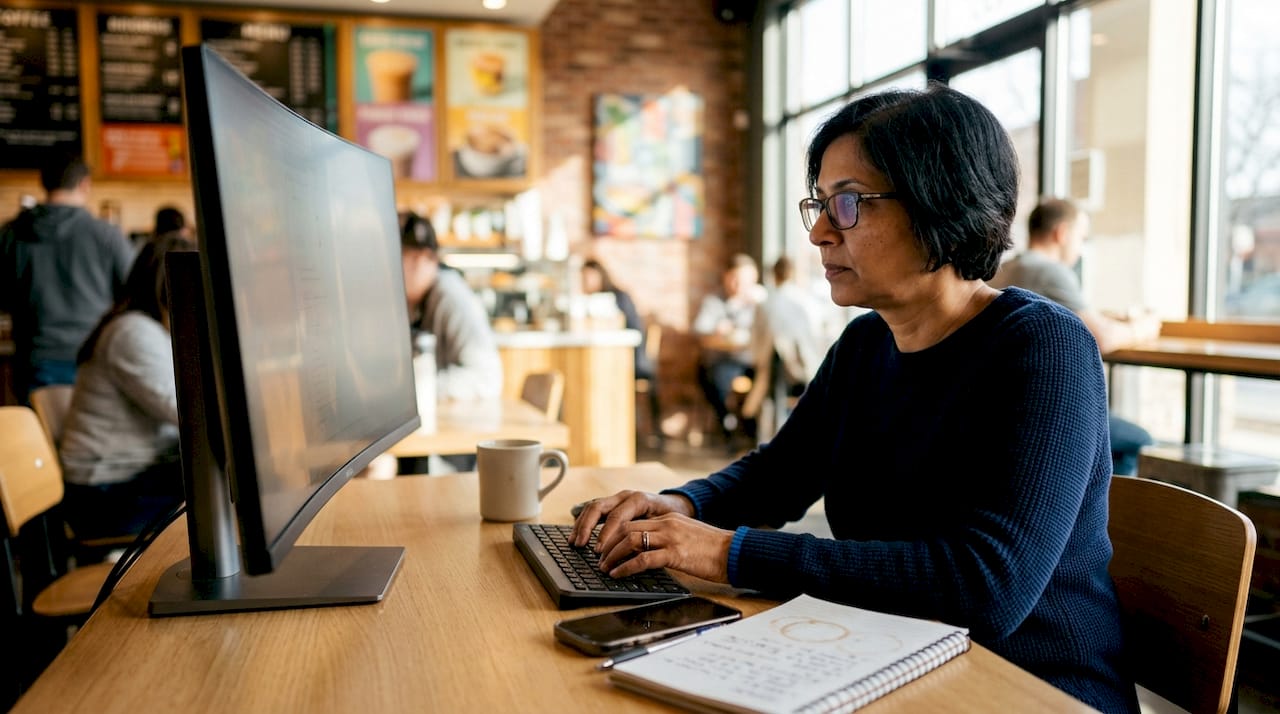 Woman setting up advertising campaign at desk