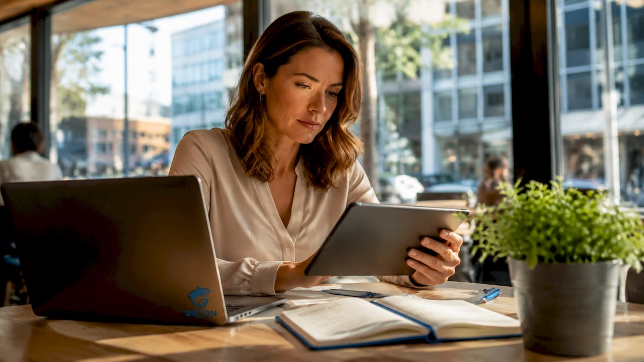 Content marketer researching search intent on tablet
