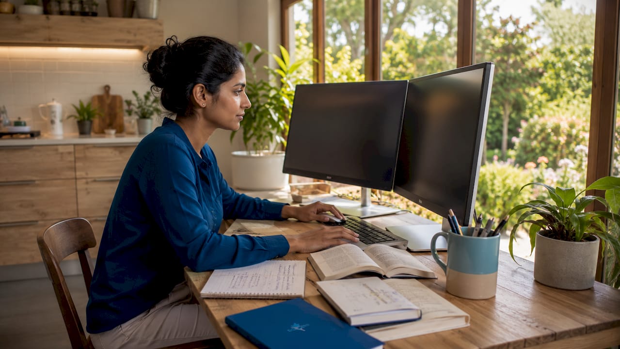 Woman analyzing semantic search data at home office desk