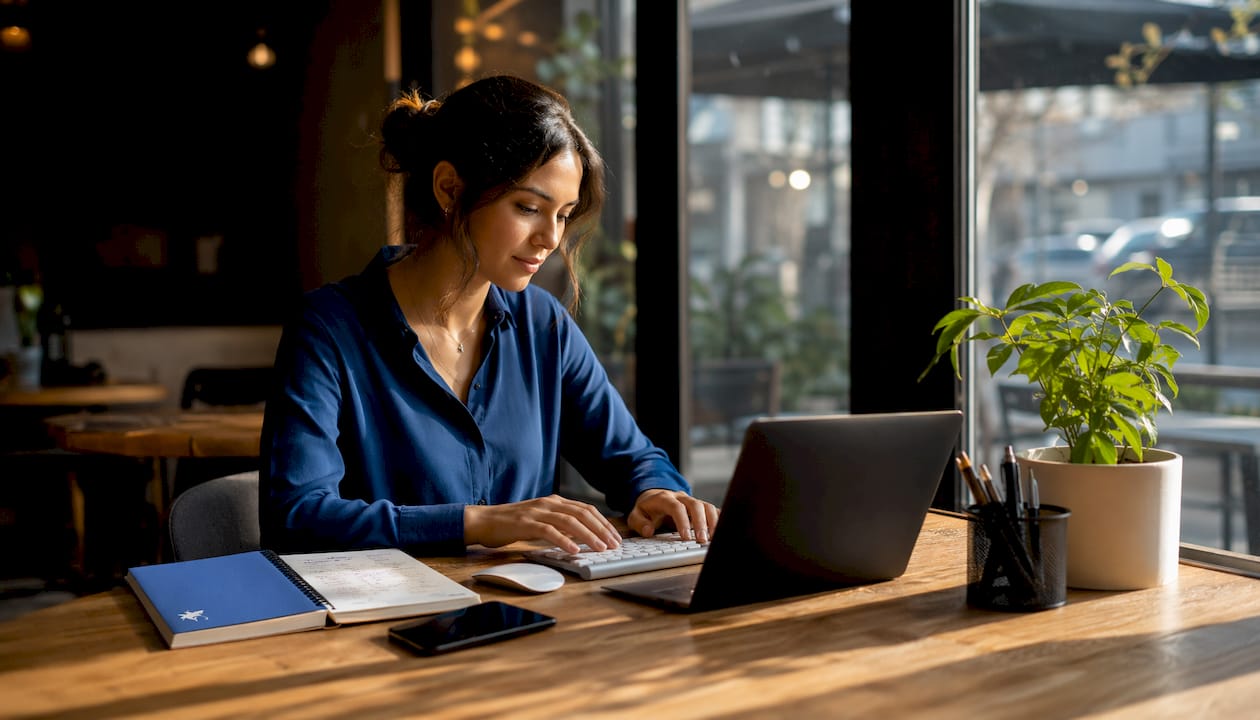 Marketer at standing desk researching keywords