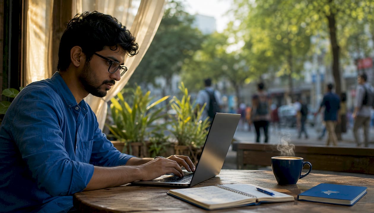 Man typing LinkedIn content in café