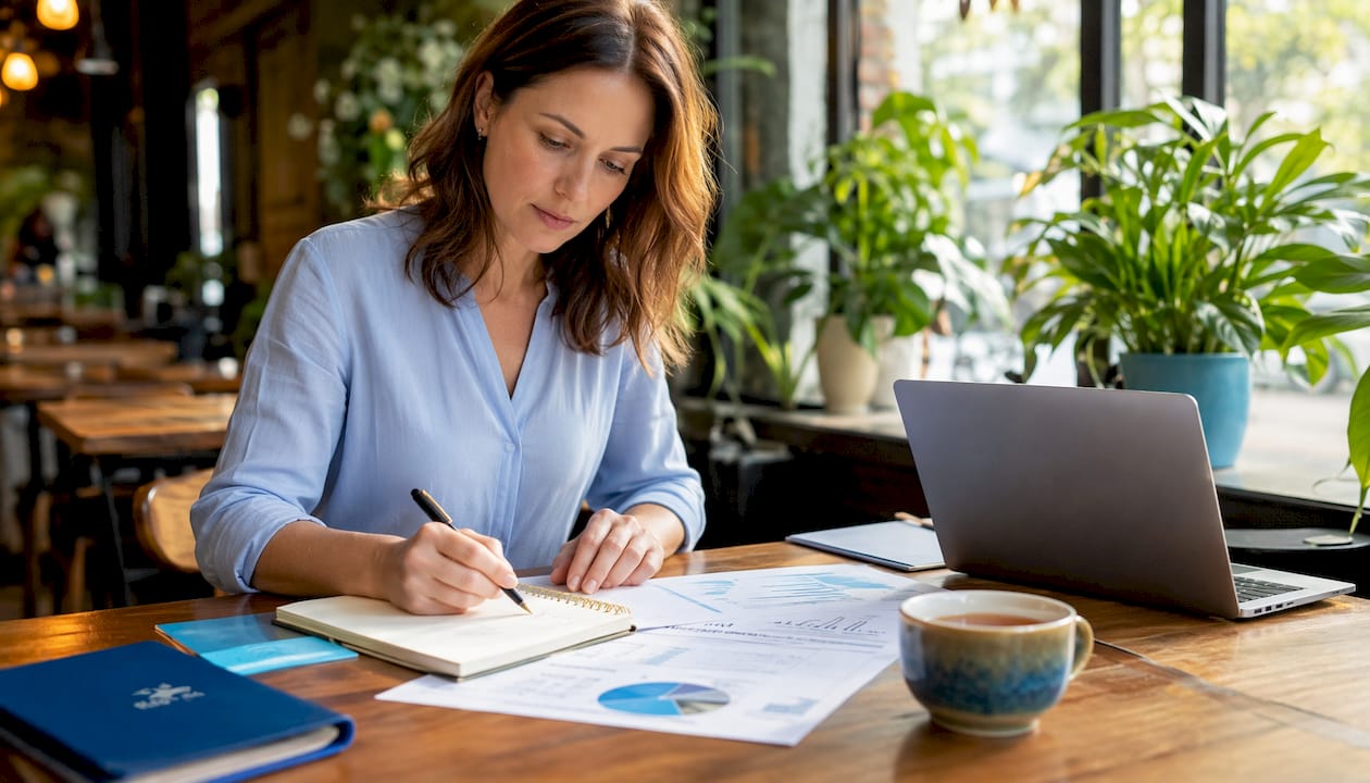Marketer planning AI content strategy at office